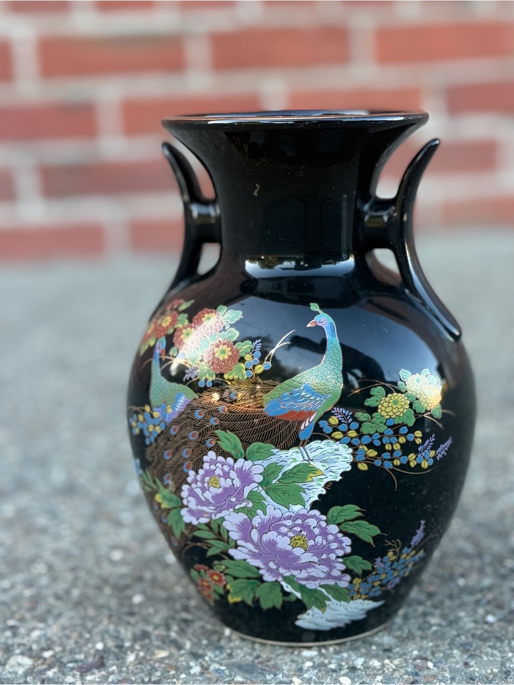 10” Vintage Black Peacock Vase / Urn – Floral & Bird Design